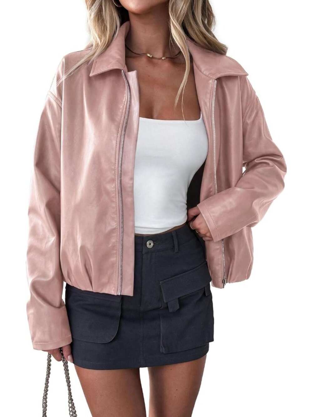 Women's Pink Faux Leather Motorcycle Casual Long Sleeve Cropped Jackets